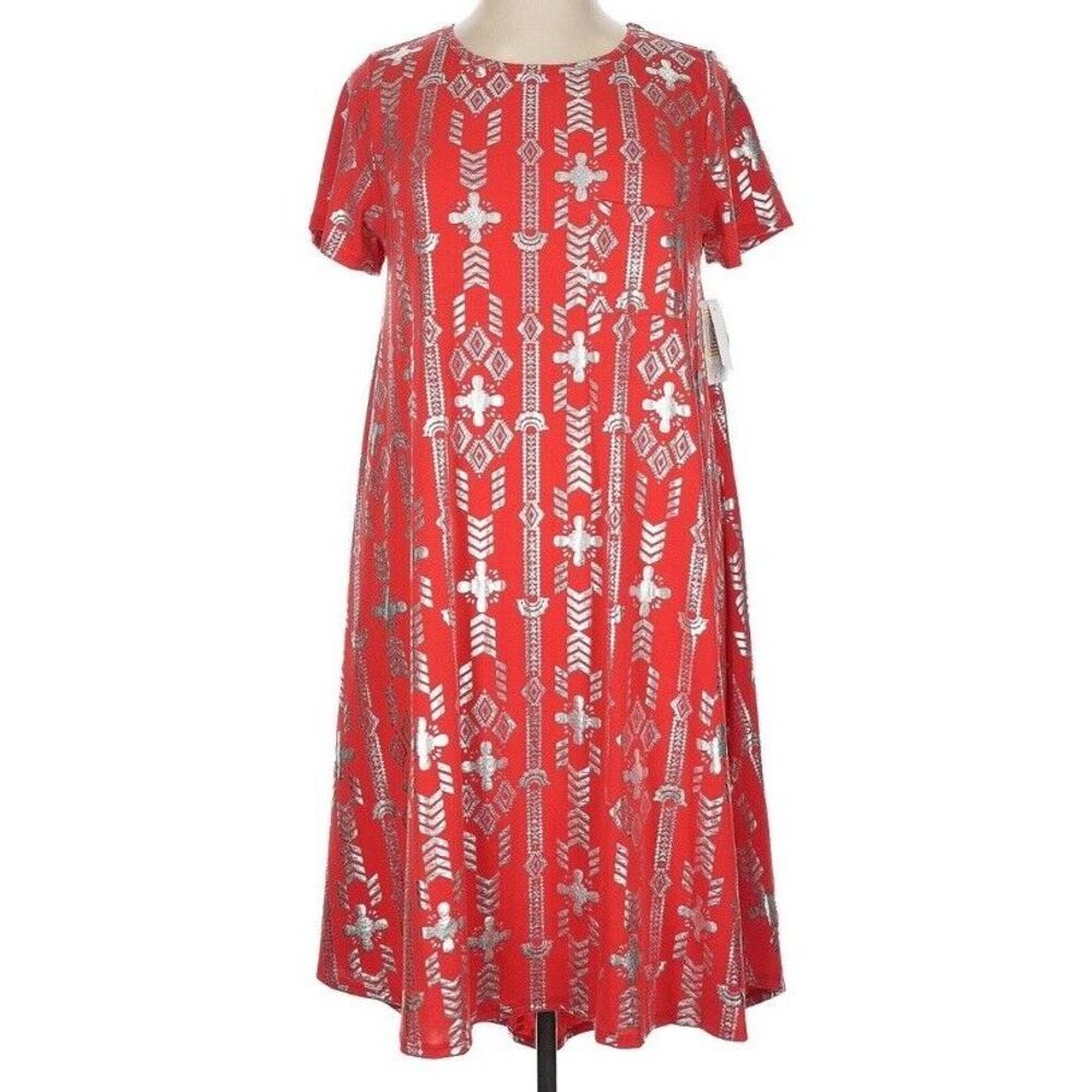 LuLaRoe Womens Dress Size XL Carly Elegant Red‎ Silver Foil Tribal Aztec NWT